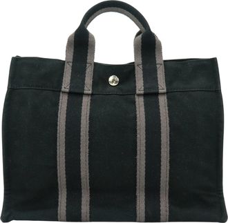 Herm&egrave;s Kara Black Gray Canvas Tote Bag (Pre-Owned)