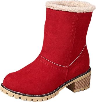 Generic Yolimok Winter Boots for Women Snow Boots Womens Suede Mid Block Heel Slip On Warm Boot Casual Walking Fluffy Fur Lined Chunky Heel Boot Winter Platfo