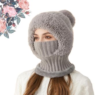 Generic Clockwise Womens Knitted Hat in Autumn and Winter 3 in 1 Cold Resistant Hat, Winter hat Women,Scarf Hat Mask One-Piece Knit Cap (Gray)