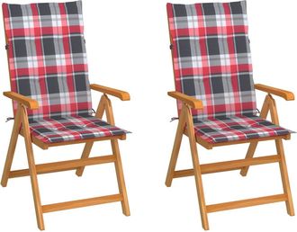 vidaXL Sillas De Jard&iacute;n 2 Uds Con Cojines Cuadros Rojos Madera De Teca Vidaxl