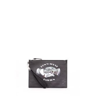 Roberto Cavalli Black Logo Print Leather Wristlet Pouch