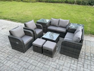 Fimous Garden Furniture Set Rattan Outdoor Lounge Sofa Chair With Tempered Glass Table 2 Small Footstools 2 Side Tables Dark Grey Mixed