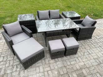 Fimous 7 Seater PE Wicker Outdoor Garden Furniture Set Patio Furniture Rattan Rectangular Dining Table Lounge Sofa in Dark Grey