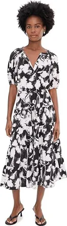 Calvin Klein Puff Sleeve Commuter Floral Tiered Midi Womens Dress Black White : 12, Polyester