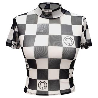 HUGO BOSS HUGO Dalorra Checkered Print Mesh Crop Top in Multicolor Polyester