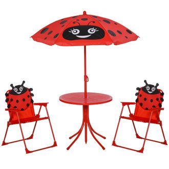 OUTSUNNY Conjunto De Muebles De Jard&iacute;n Infantiles De 4 Piezas, Dise&ntilde;o De Mariquita: Mesa Redonda + 2 Sillas Plegables + Sombrilla - Metal Oxford Rojo Con Reves