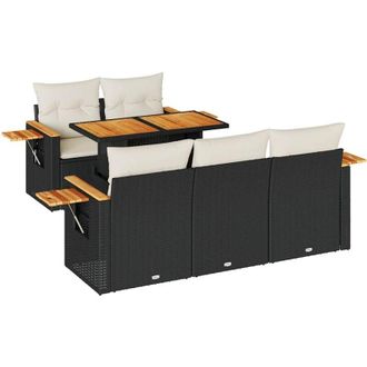 vidaXL 6 Piece Garden Sofa Set with Cushions Black Poly Rattan Acacia Vidaxl