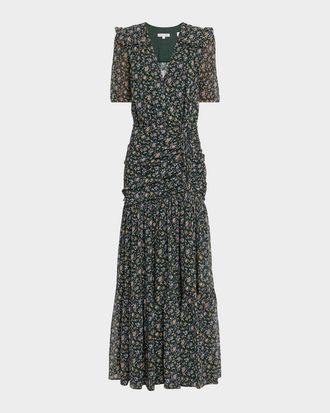 Veronica Beard Mick Floral Short-Sleeve Silk Maxi Dress