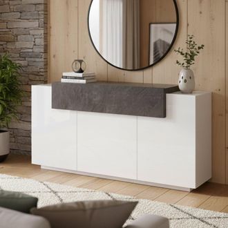 Dmora Aparador Moderno De 4 Puertas Con Solapa, Made In Italy, Aparador De Cocina, Buffet De Dise&ntilde;o De Sala De Estar, 160x45h86 Cm, Color Blanco Brillante Y