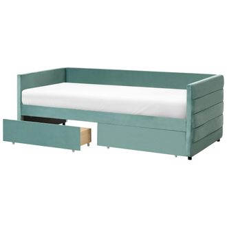 Beliani Cama 90 X 200 Cm Con Cajones Tapicer&iacute;a De Terciopelo Acolchado Somier De Listones Patas De Madera Verde Menta Marray