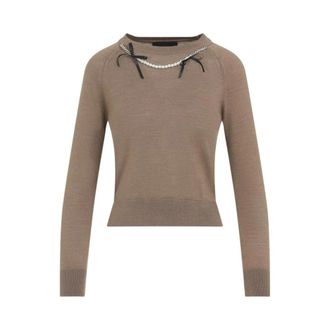 Simone Rocha Round-neck Knitwear, female, Brown, Size: XS Crew Neck Pearl Embellished Sweater