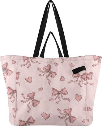 Generic Pink Bow Hearts print Reusable Canvas Tote Bag, Heavy Duty Grocery Shopping Bag with Large Capacity Hard Bottom Double Handles Work Groceries Travel