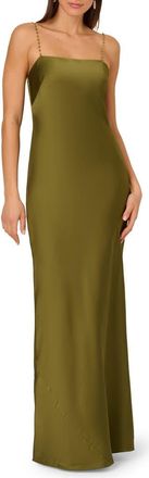 Adrianna Papell Beaded Strap Satin Gown in Jungle Olive at Nordstrom, Size 16