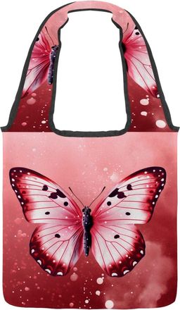 Generic Pink Butterfly Reversible Canvas Shoulder Tote - Double-Sided Print, 12oz Cotton, 27cm Drop, Fold-Flat Bag for Travel, Shopping, Street Outings