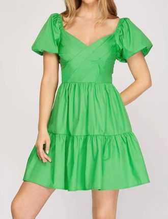 She + Sky Puff Sleeve Dress In Green