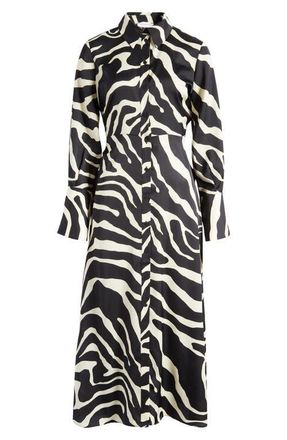 Topshop Ruched Side Long Sleeve Midi Shirtdress in Black/white at Nordstrom, Size 10