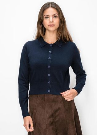 YAL New York Cropped Knit Cardigan with Collar, Navy