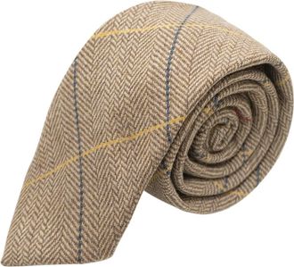 King & Priory Luxury Light Oak Herringbone Check Tie, Tweed Brown