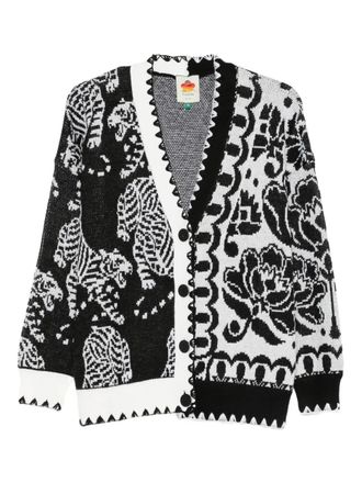 Farm Rio patchwork-design cardigan - women - Polyamide/Wool/Acrylic - M - Black