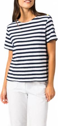 Saint James Short Sleeve Tee With Boucl&eacute; Stripes And Shoulder Buttons In White And Marine