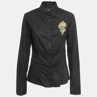 Just Cavalli Black Cotton Logo Crest Embroidered Shirt