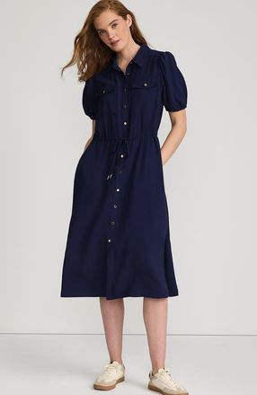 Lands End Twill Button Front Fluid Short Sleeve Dress in Deep Sea Navy at Nordstrom, Size X-Small