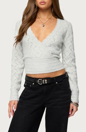 Edikted Janine Pointelle V-Neck Crop Sweater in Gray-Melange at Nordstrom, Size X-Large