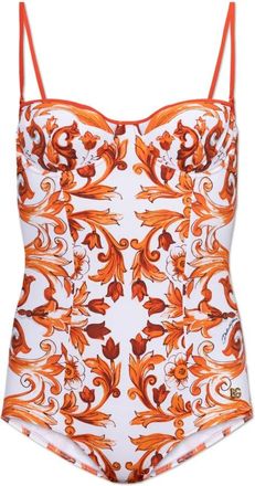Dolce & Gabbana Zwemset uit &eacute;&eacute;n stuk met Majolica Print - Dames - Badpakken - Wit - XL - Badmode