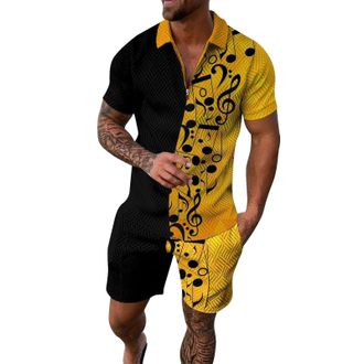 Generic Mens Polo Short Sleeve Suit Mens Lightweight Tracksuit Set Summer Casual Sets 2 Piece Hawaiian Printed Zipper Beach Shirts and Shorts Suit Tropical Ho