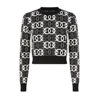 Pinko Round-neck Knitwear, female, Multicolor, Size: XS Black Chain Pattern Sweater