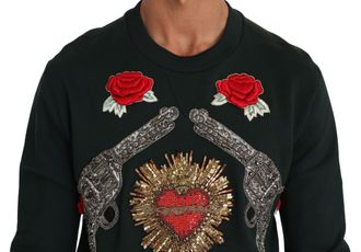 Dolce & Gabbana Mens Green Crystal Heart Roses Gun Sweater Cotton Clothing