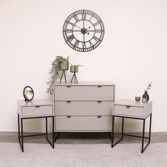 Melody Maison 3 Drawer Chest Of Drawers & Pair Of Bedside Tables - Hesley Taupe Stone Range