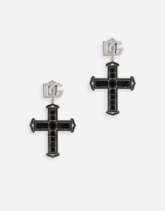 Dolce & Gabbana Cross Earrings With Rhinestone Accents - Woman Bijoux Black Metal Onesize