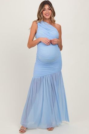 Pinkblush Ruched Mesh One Shoulder Maxi Dress in Light Blue at Nordstrom, Size Small