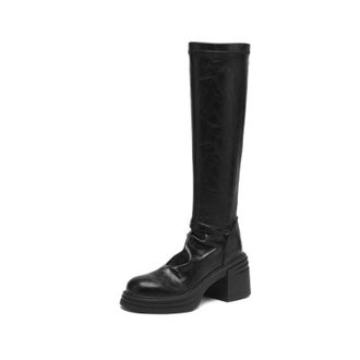 Generic Womens PU Leather Knee High Boots with Zipper Round Toe Platform Long Boot Mid Block Heel Casual Boots,Black,2.5 UK