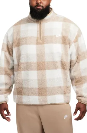 Nike Club Sweatshirt Mens Khaki Sail Plaid Fleece Winterized 1/2 Zip DSGL342