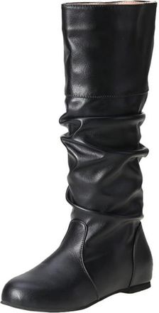 Generic Slouchy Flat Knee High Boots for Women Low Heel Wide Calf Thigh High Boots Faux Leather Pull on Knee-Length Boot Autumn Winter Ladies Classic Footwear