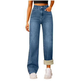 Generic Jeans for Women UK Fleece Lined Stretch Jeans for Women Winter Warm Denim Joggers Elasticated High Waist Slim Fit Pants with Pockets Baggy Sweatpants 