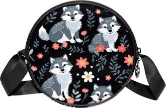 Generic Circle Crossbody Bag for Women, Wolves Florals Small Sling Bag Daypack with Zipper Adjustable Shoulder Straps Casual Ladies Girls Round Purse