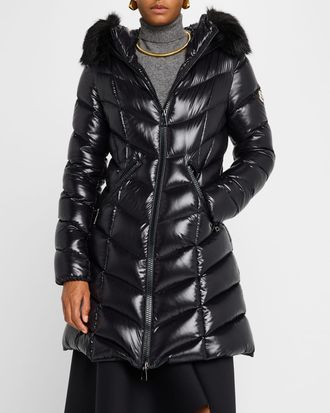 Moncler Fulmarus Chevron-Quilted Long Puffer Coat with Faux Fur Trim