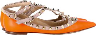 Valentino Pre-owned Womens Garavani Rockstud Ankle Strap Ballet Flats in Orange Leather - Size EU 37