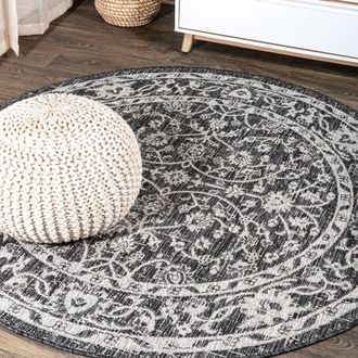 Jonathan Y Designs Palazzo Vine and Border Textured Weave Indoor/Outdoor Round Area Rug in Black/gray at Nordstrom, Size 5Ft 0In X 5Ft 0In