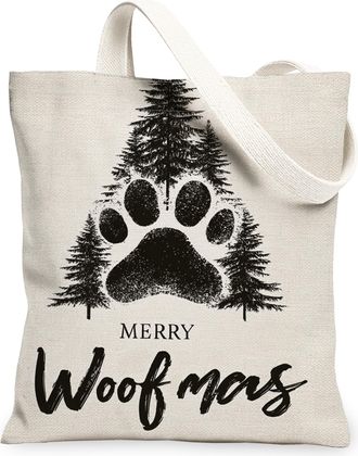 Generic Christmas Paw Print Canvas Tote Bags, Funky Animal Tree Design Reusable Grocery Bags, Winter Rustic Lightweight Washable Sh, Beige, 13x15 Inch
