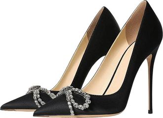 Generic Women Pointed Toe High Heel Pumps Elegant Rhinestone Bow Slip On Office Work Dress Shoes