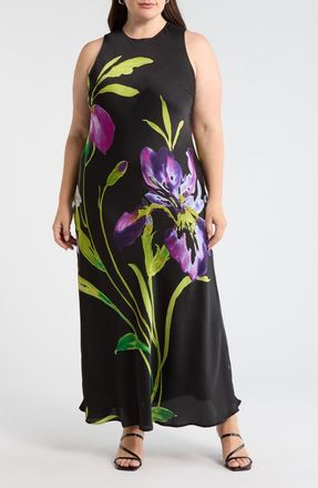 Sugarlips Varkey Saisha Floral Satin Midi Dress in Purple-Black at Nordstrom, Size 3X
