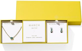 Kendra Scott Cailin Birthstone Gift Set Womens Necklace Gold Aqua Crystal, Brass/Gold Tone