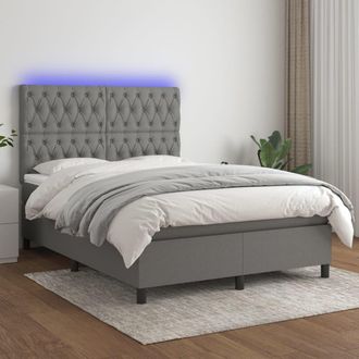 vidaXL Cama Box Spring Colch&oacute;n Y Luces Led Tela Gris Oscuro 140x190 Cm Vidaxl