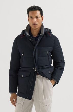 Brunello Cucinelli Bonded wool flannel down parka with detachable hood in Blue at Nordstrom, Size Xxx-Large
