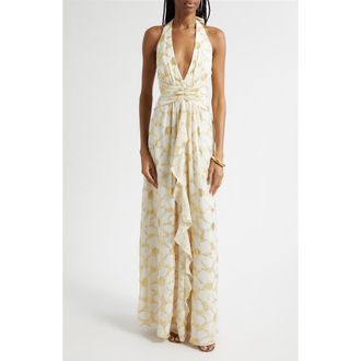 Ramy Brook Stephanie Metallic Daisy Print Halter Gown in Ivory Jacquard at Nordstrom, Size 14
