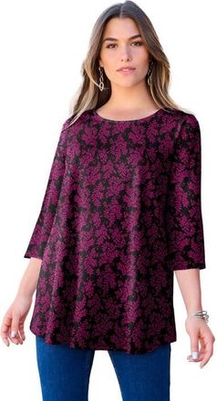 Roaman's Plus Size Ultimate Three Quarter Sleeve Swing Tee in Black Raspberry Leaves at Nordstrom, Size 24
